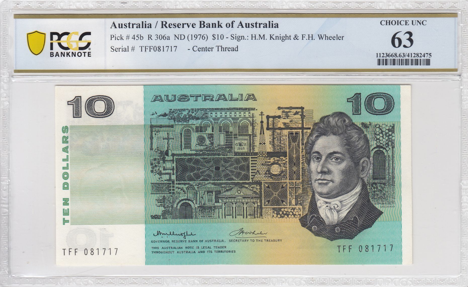 1976 Australia $10 Banknote Knight/Wheeler Choice UNC 63 PCGS