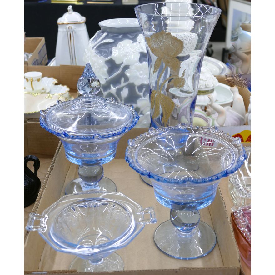 Box 4pc Blue Glass Compotes & Vase Etc.