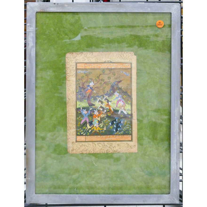 Old Persian Illuminated Manuscript Page Metal Framed 20.5''x15.5''