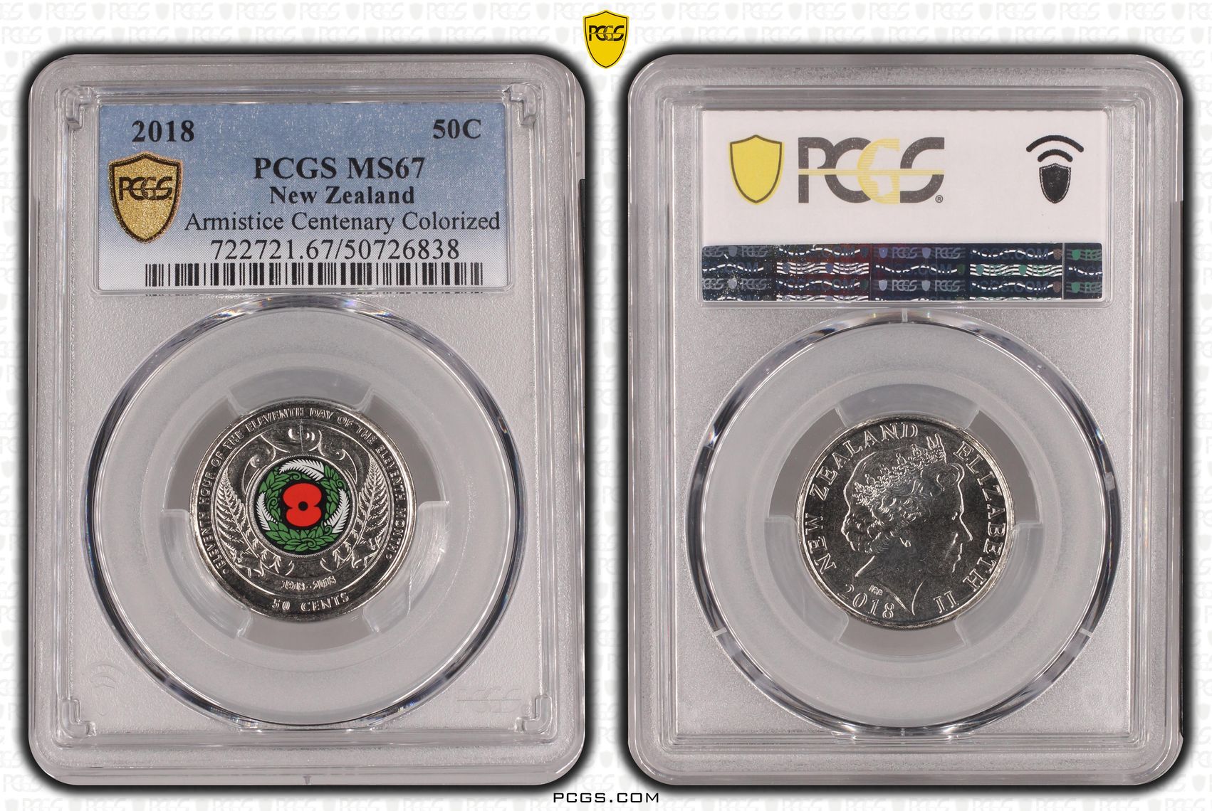 New Zealand, Armistice Centenary Colorized, Fifty Cent, 2018, PCGS MS67