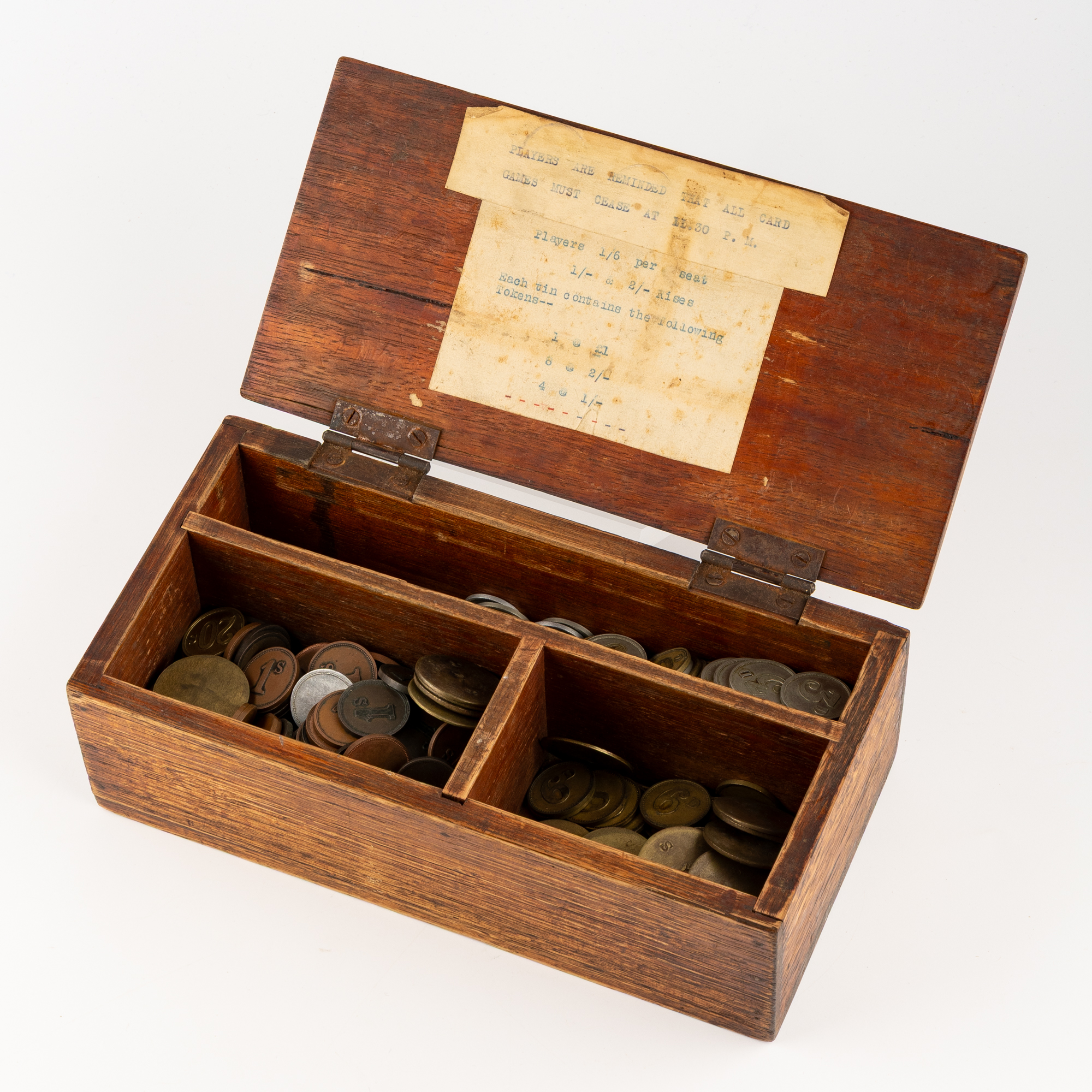 187 · Handmade Timber Box with Gambling Tokens, C. 1900S,  VF