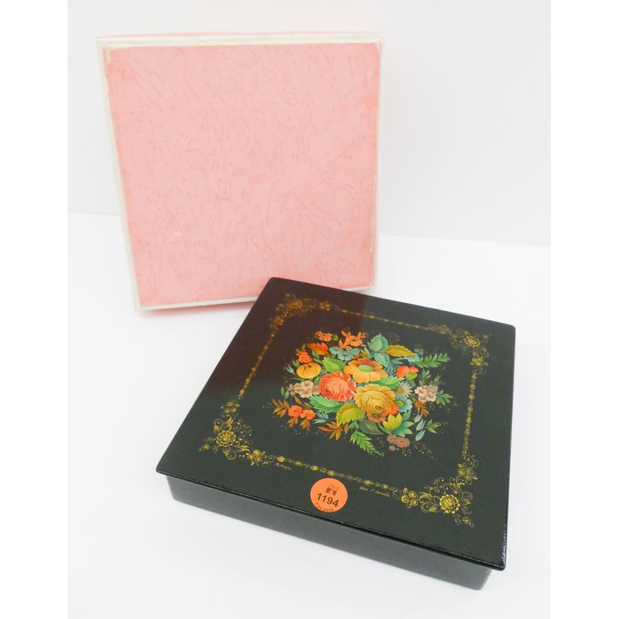 Large Russian Lacquered Square Box with original box- 7x7''