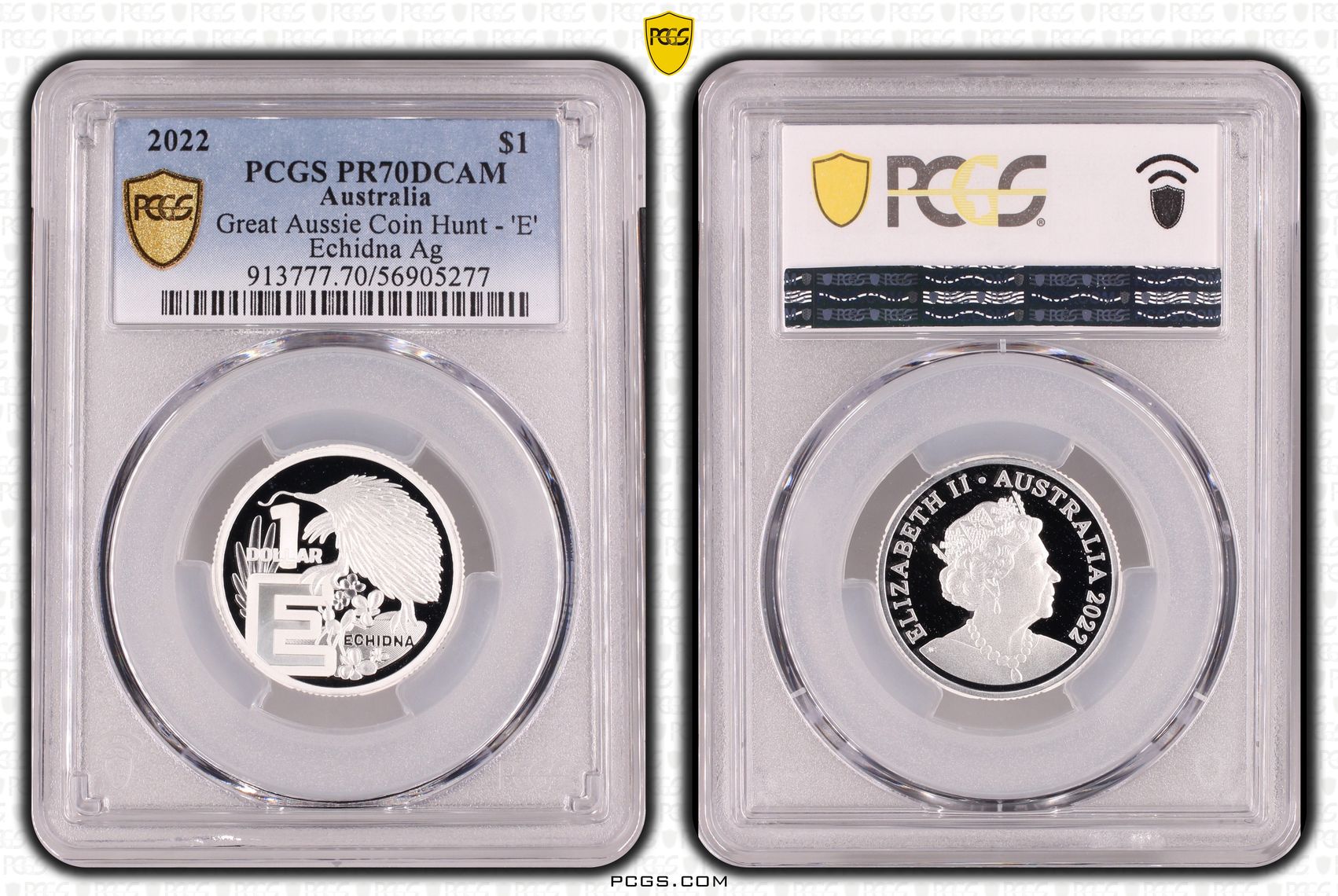 Great Aussie Coin Hunt - 'E', POP 5/0, One Dollar, 2022, PCGS PR70DCAM
