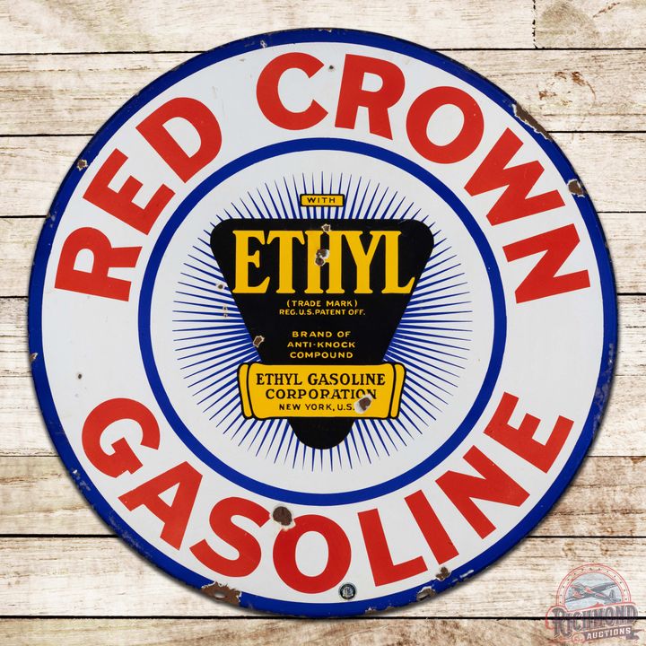 Red Crown Ethyl Gasoline 30" Double Sided Porcelain Logo Sign