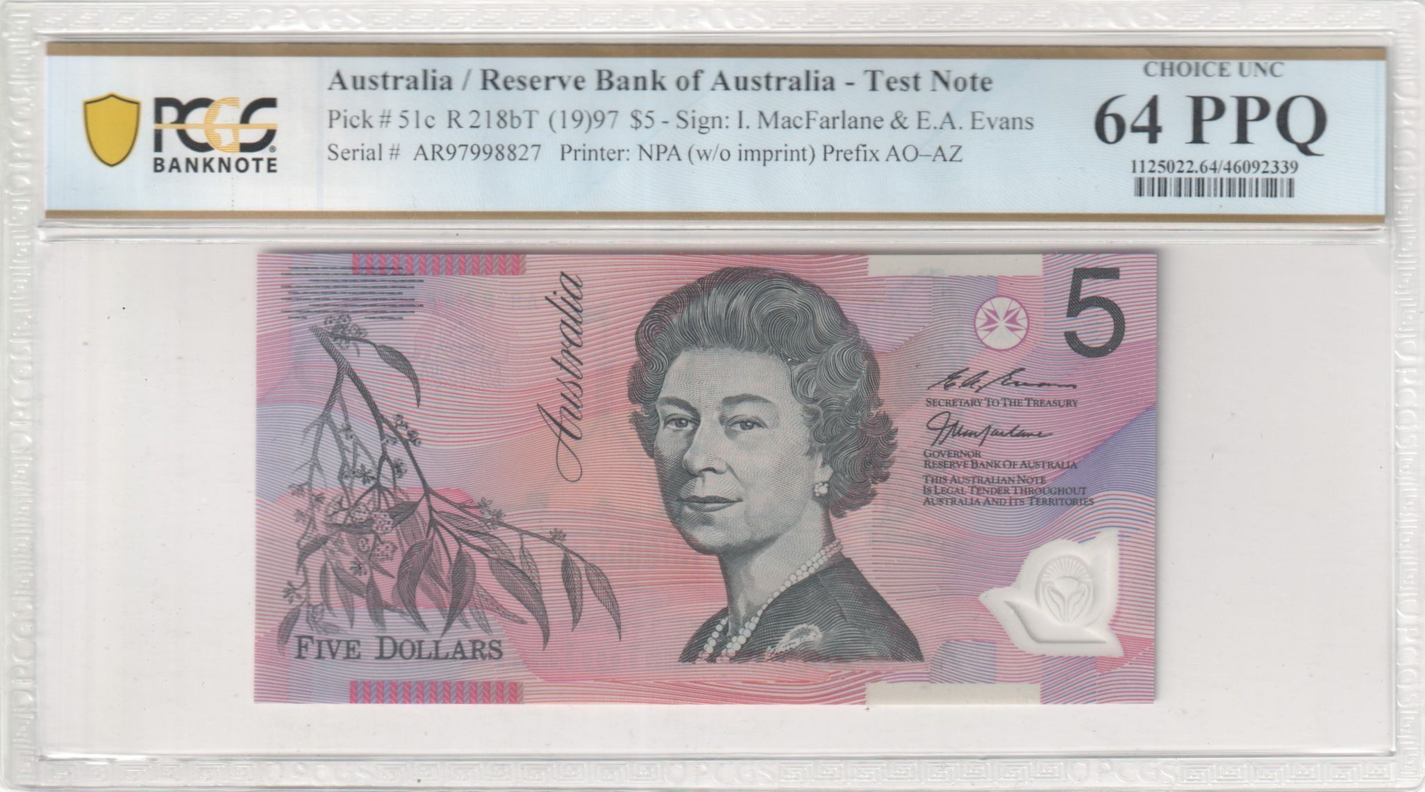 Macfarlane/ Evans, Prefix, Five Dollar, 1997, PCGS Choice UNC 64 PPQ