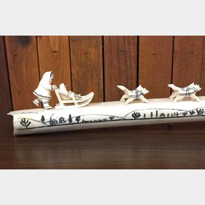 Large Alaskan Carved Walrus Ivory "Dog Sled" - Signed