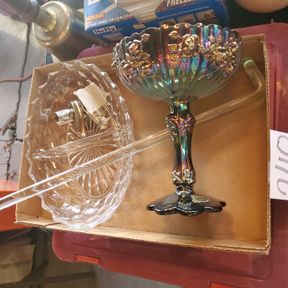 Glass towel rod, Fenton candy compote, Fostoria dish