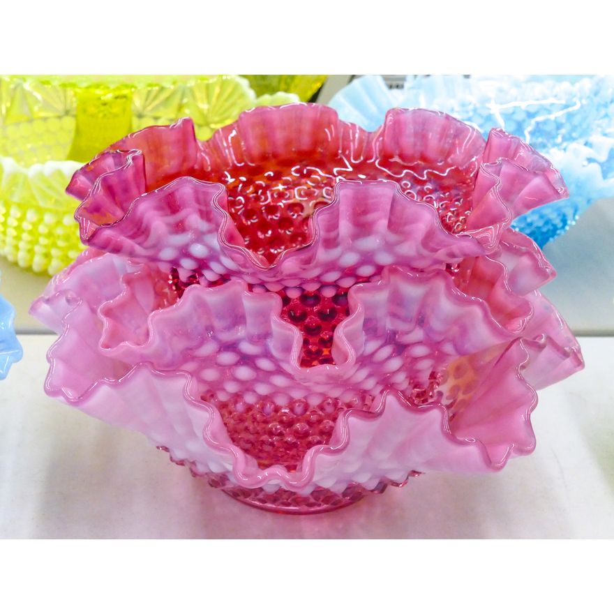 3pc Fenton Pink Hobnail Ruffled Bowls 9'' to 11''