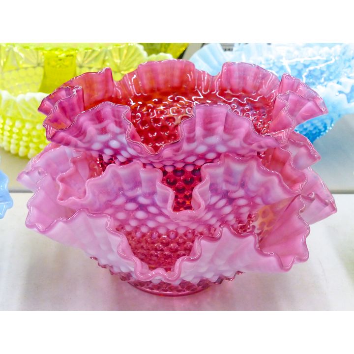 3pc Fenton Pink Hobnail Ruffled Bowls 9'' to 11''
