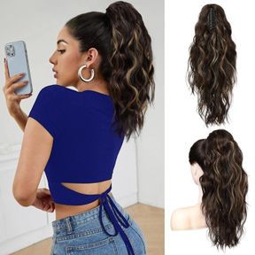 FLUFYMOOZ PONYTAIL EXTENSION, 18 INCH CLAW CLIP PONYTAIL EXTENSION, WAVY CURLY CLAW CLIP IN PONYTAIL HAIR EXTENSIONS, NATURAL FAKE