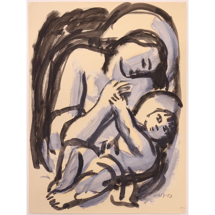 Jais Nielsen (Danish) Mother and Child 1953 Oil on Paper 15''x11''