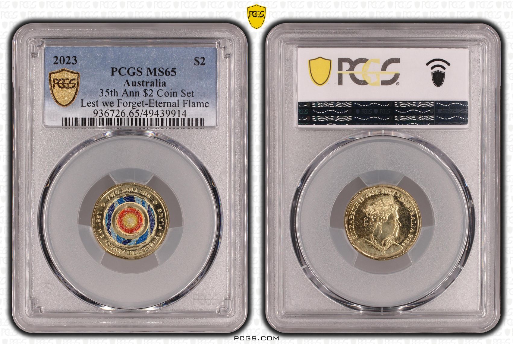 Elizabeth II, 35th Ann $2 Coin Set Colorized Lest we Forget-Eternal Flame , Two Dollar, 2023, PCGS MS65