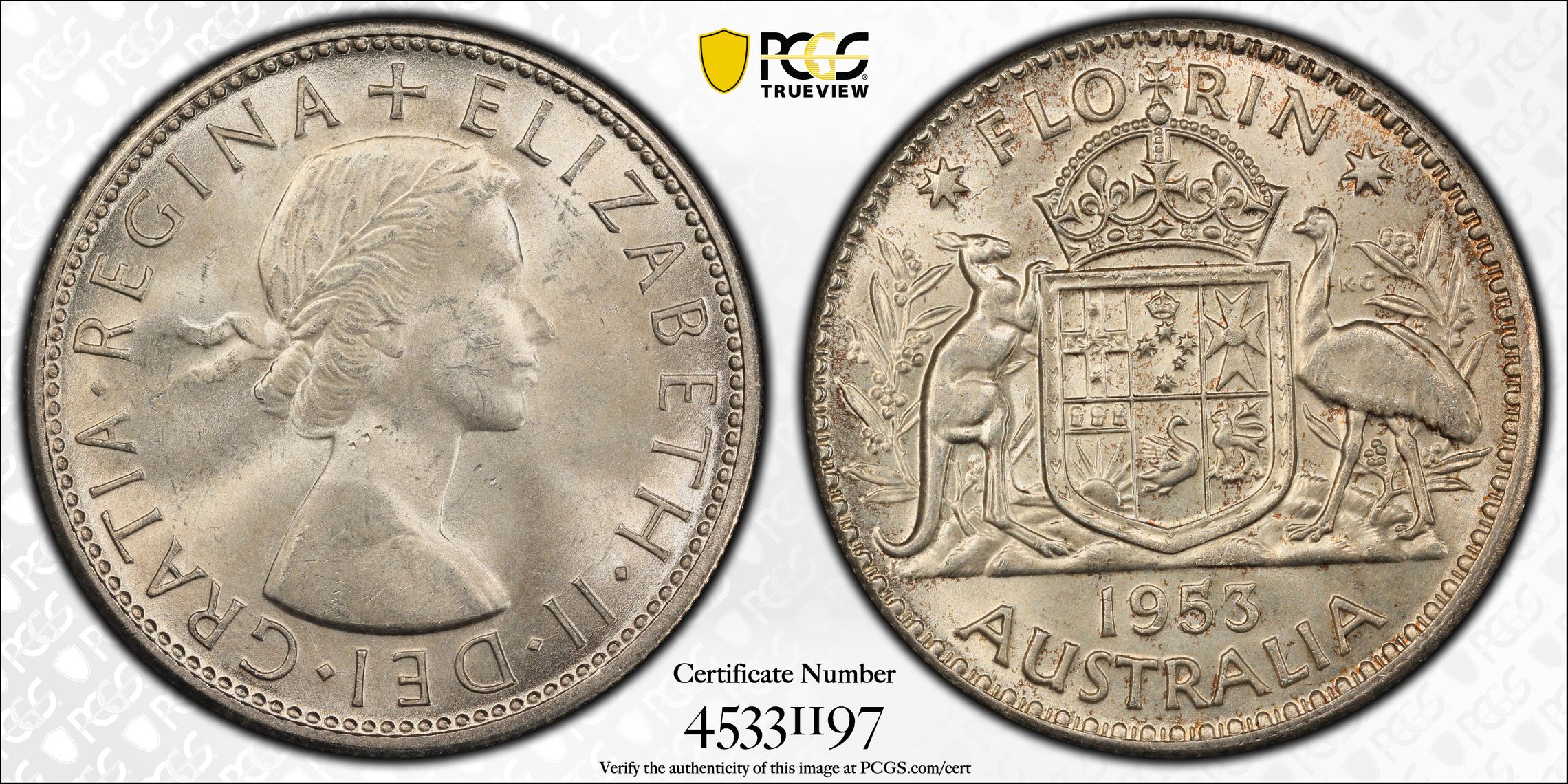 Elizabeth II, Florin, 1953(m), PCGS MS64