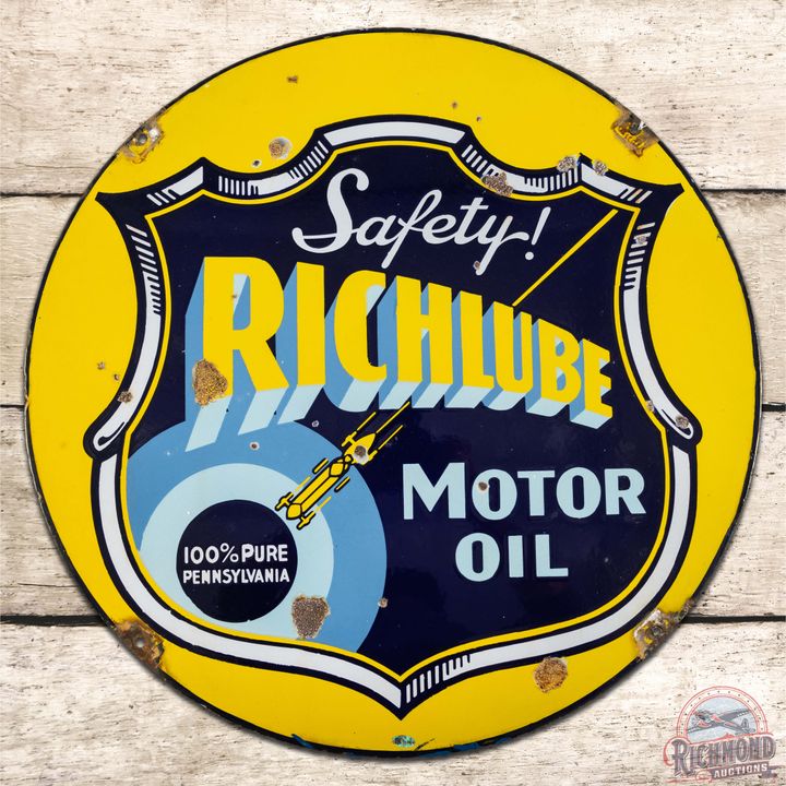 Richlube Motor Oil 24" DS Porcelain Sign w/ Race Car