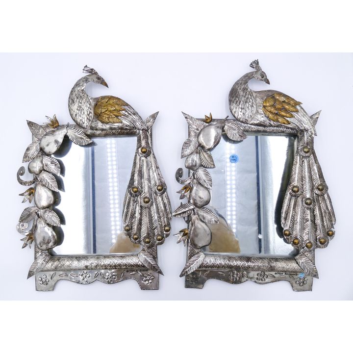 Pair Sergio Bustamante Metal Peacock Framed Mirrors 9''x13''