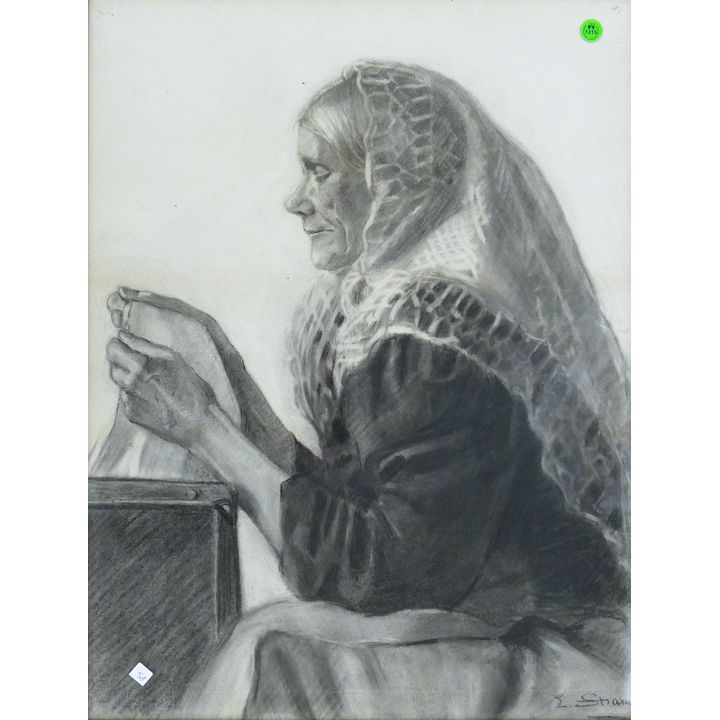 Raphael Strauss (German) ''Woman at Table'' Charcoal Framed 26''x20''