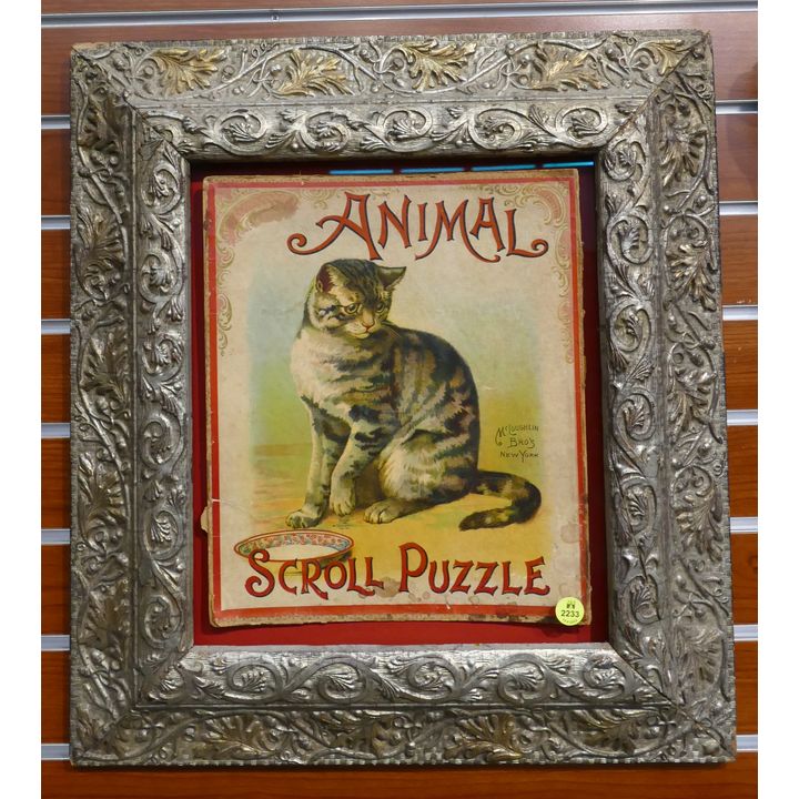 Antique Animal Scroll Puzzle Box Top Framed- 20x18''