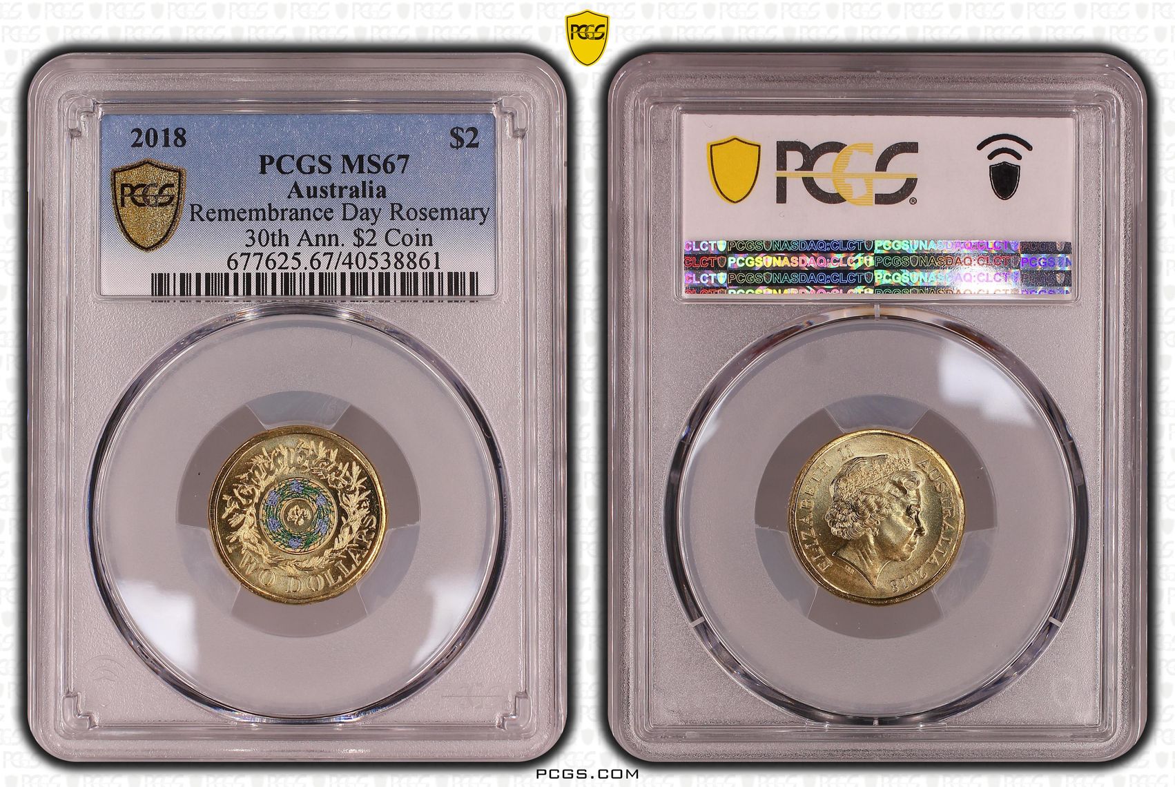 Remembrance Day Rosemary 30th Ann. $2 Coin Colorized, Two Dollar, 2018, PCGS MS67