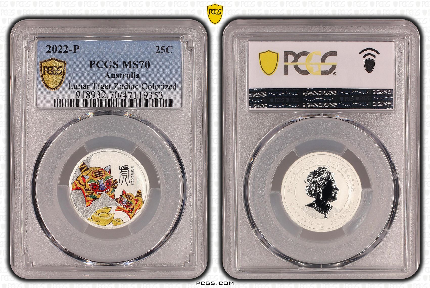 Lunar Tiger Zodiac Colorized, 1/4oz Silver, POP 16/0, Twenty Five Cent, 2022-P, PCGS MS70