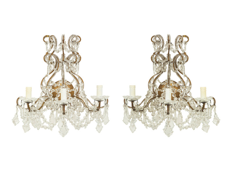 A Pair of French Gilt Metal and Cut  Beaded Glass Three-Branch Wall Lights