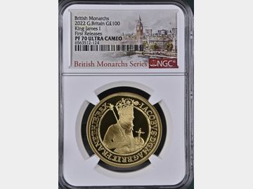 2022 ELIZABETH II BRITISH MONARCH SERIES JAMES I GOLD 1oz PROOF 100 POUND COIN PF70 UCAM