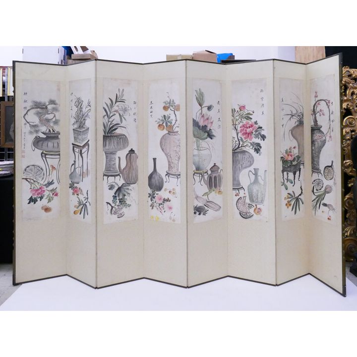 Old Korean 8 Panel Painted Tables & Vases Room Screen- 67x129''