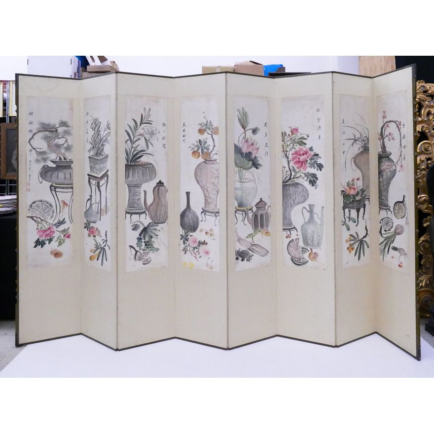 Old Korean 8 Panel Painted Tables & Vases Room Screen- 67x129''