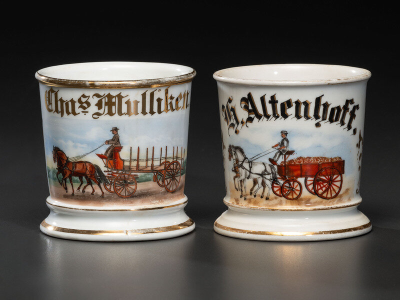 Two Porcelain Occupational Shaving Mugs Depicting a Drayman and a Deliveryman