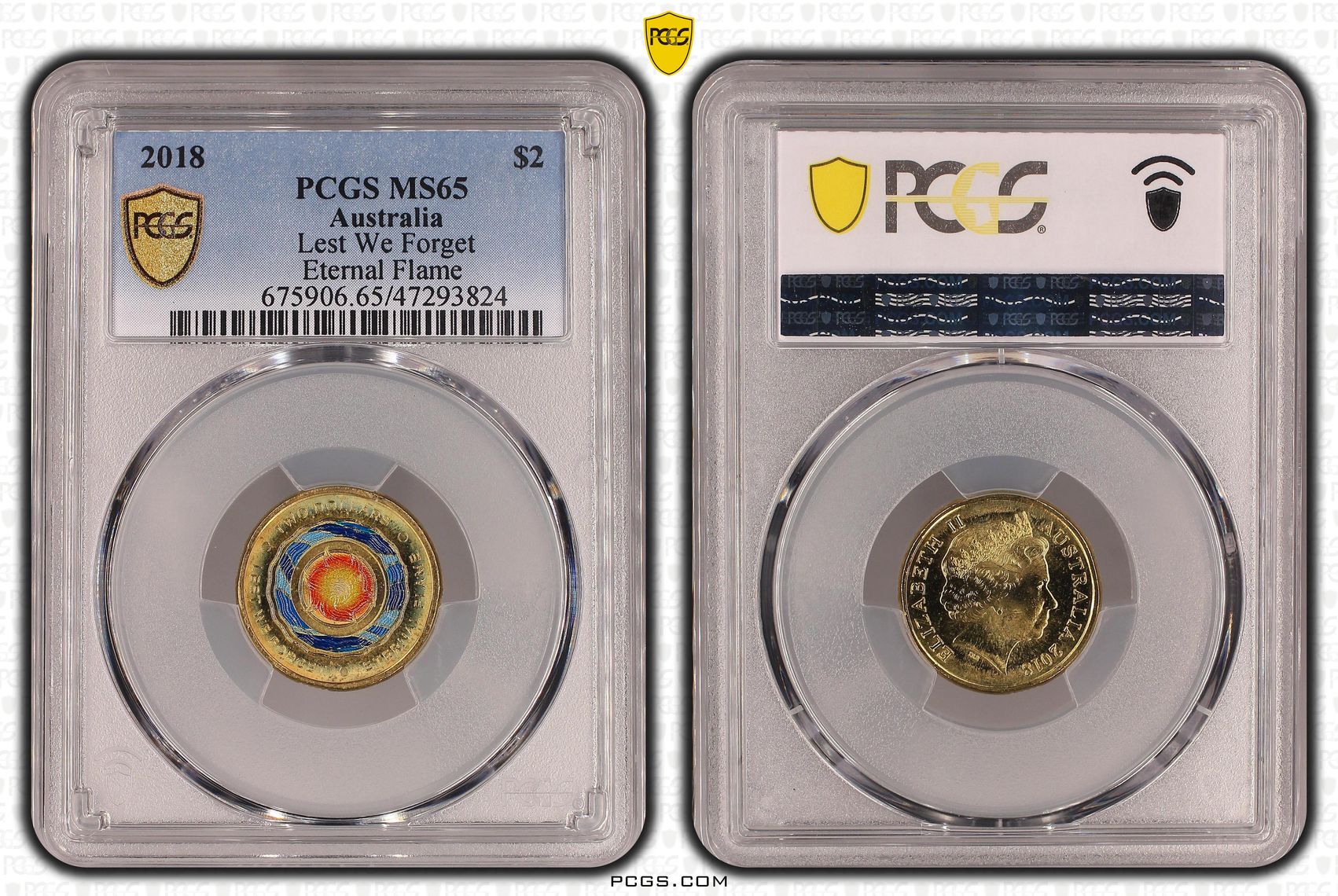 Elizabeth II, Lest We Forget - Eternal Flame Colorized, Two Dollar, 2018, PCGS MS65