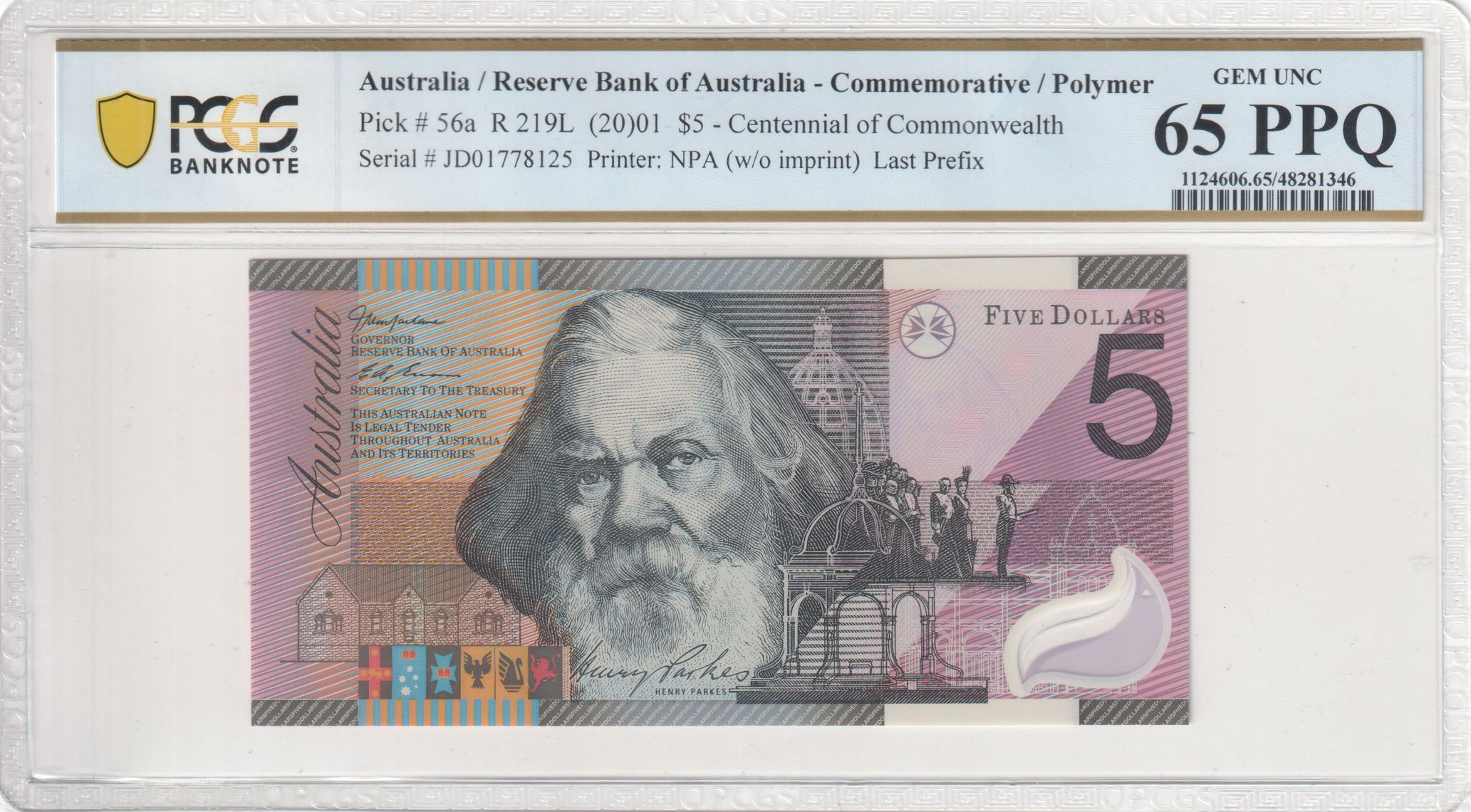 Macfarlane/Evans, Last Prefix, Five Dollar, 2001, PCGS Gem UNC 65 PPQ