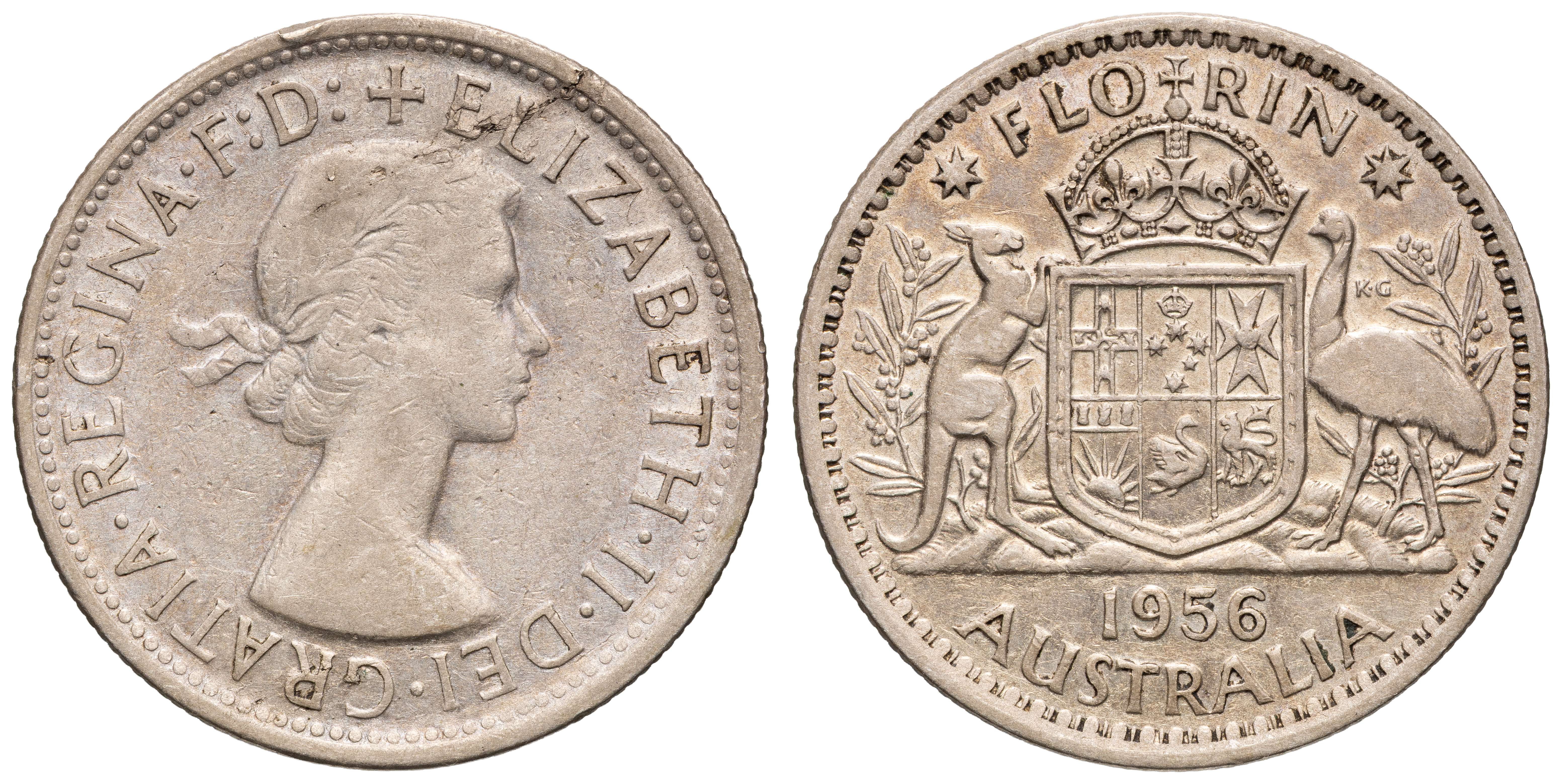 Elizabeth II, Die Crack, Florin, 1956, Fine