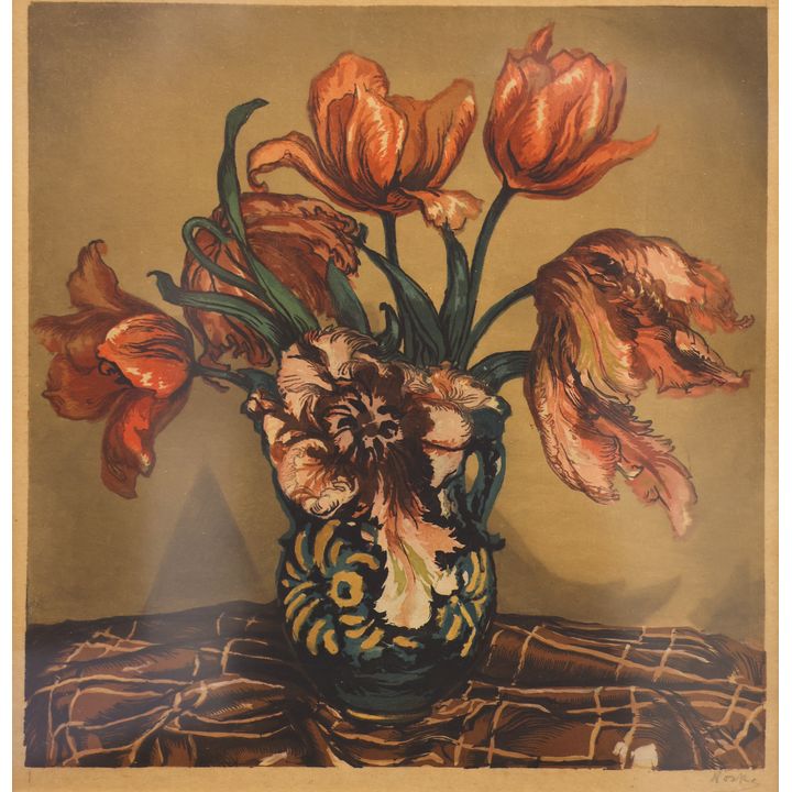 Hugo Noske (Austrian) ''Tulip Still Life'' Color Woodcut