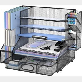 SUPEASY DESK ORGANIZER WITH FILE HOLDER, 5-TIER MESH PAPER LETTER TRAY AND 3 TILTED FILE SORTER FOR OFFICE SUPPLIES, WHITE !!