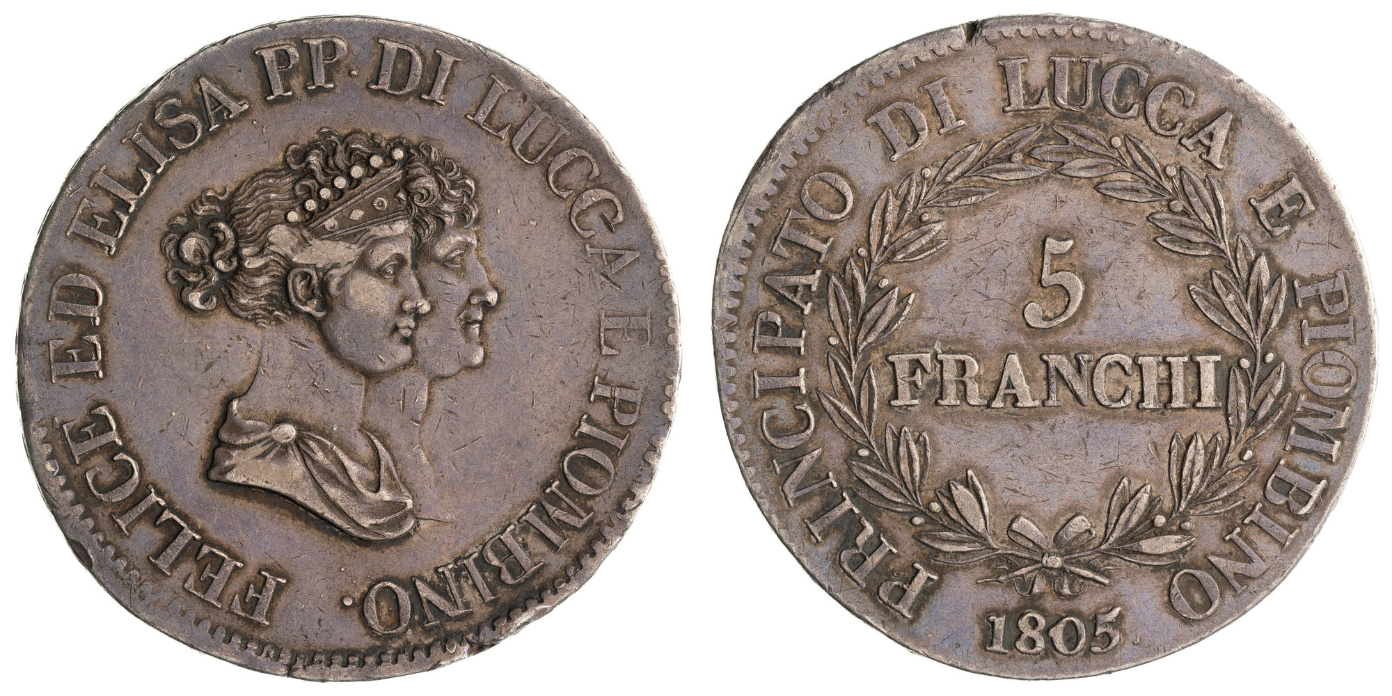Italian States, Principality of Lucca and Piombino, Five Franchi, 1805, VF