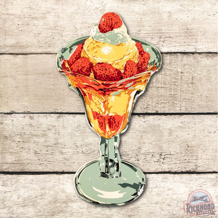 24" Coca Cola Die Cut Strawberry Sundae Embossed Tin Sign