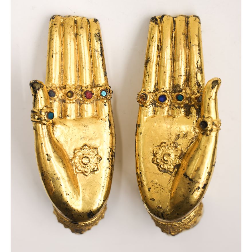 Pair Thai Gilt Bronze Jeweled Buddha Hands