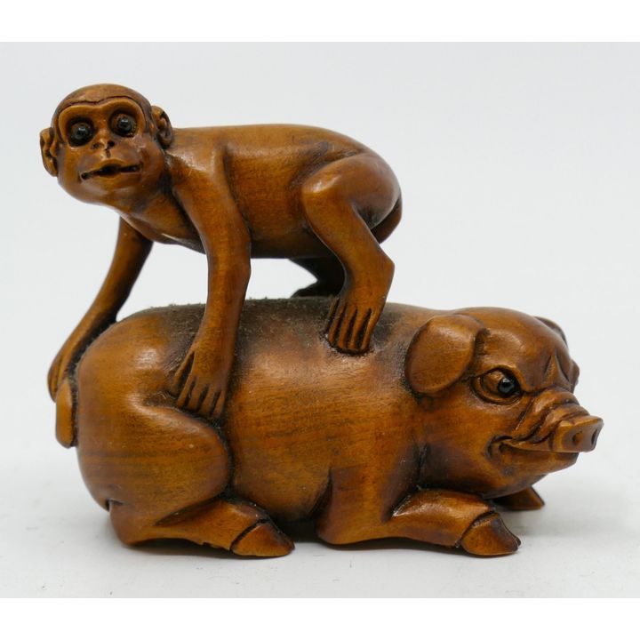 Japanese Monkey and Pig Carved Boxwood Netsuke 2''