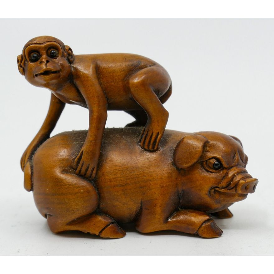 Japanese Monkey and Pig Carved Boxwood Netsuke 2''