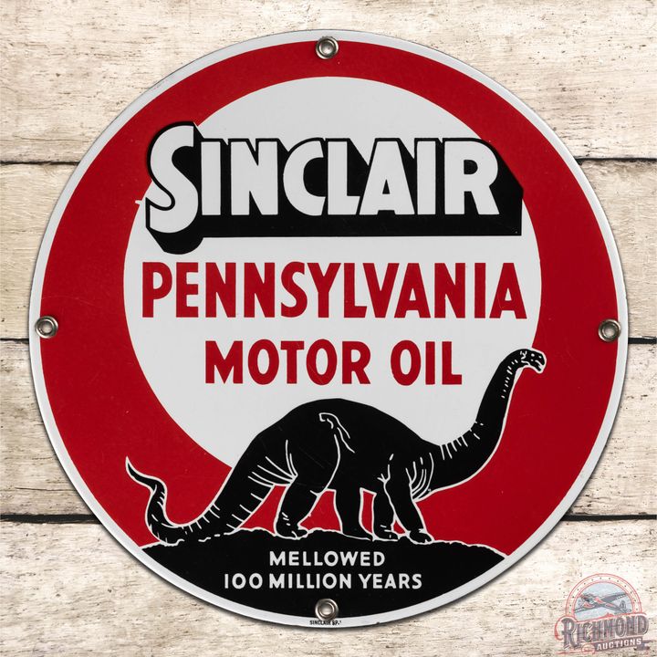 Amazing NOS Sinclair Pennsylvania Motor Oil "Mellowed 100 Million Years" 16" SS Porcelain Sign