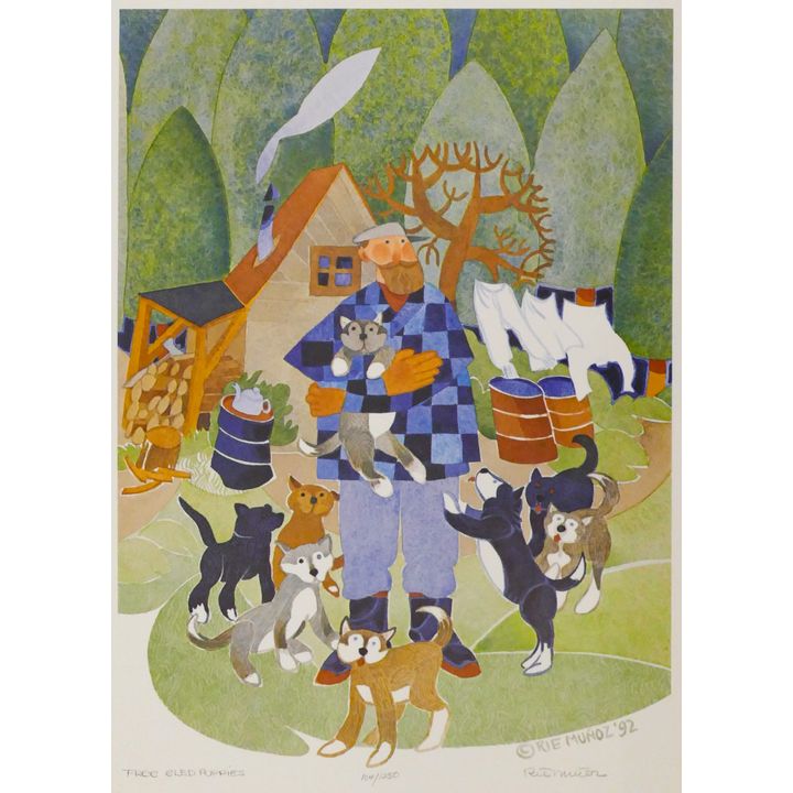 Rie Munoz ''Face Sled Puppies'' 1992 Signed Print 17.5'' x 13.25'' Sheet.