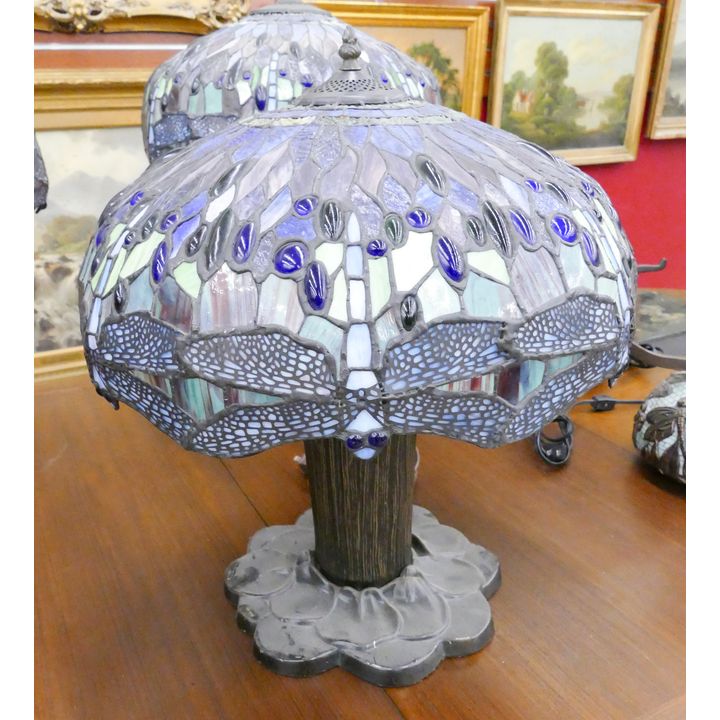 Tiffany Style Dragonfly Jeweled Leaded Glass Table Lamp with Metal Waterlily Base- 20x17''