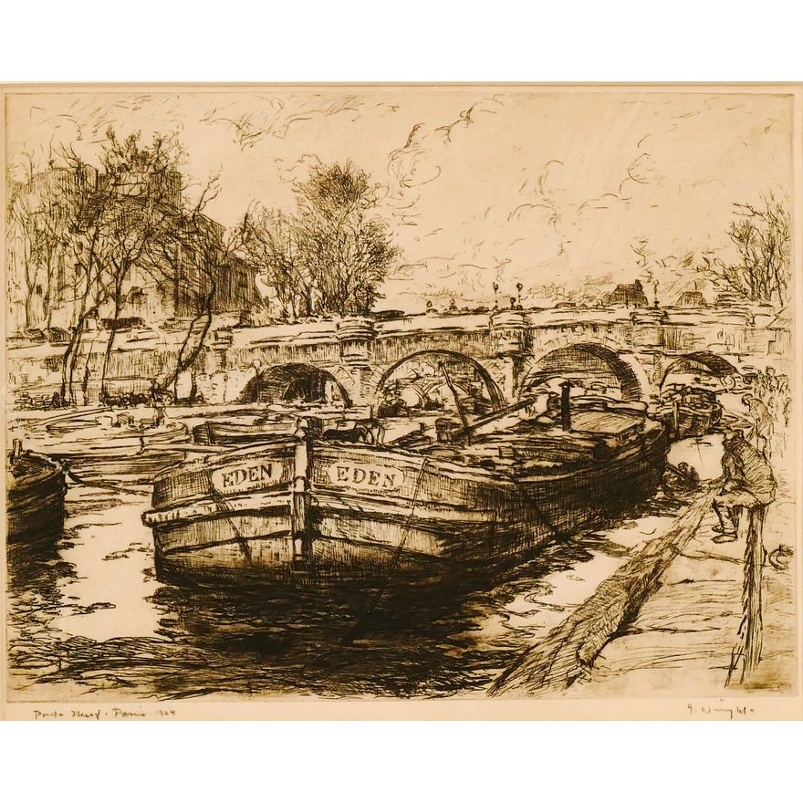 George Hand Wright ''Pont Neuf, Paris'' 1924 Signed Etching Matted 16.5''x19''