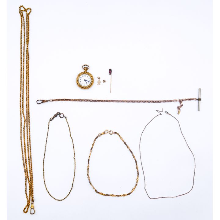 Box Antique Gold Filled Pocket Watch & Chains etc. - 86 Grams TW