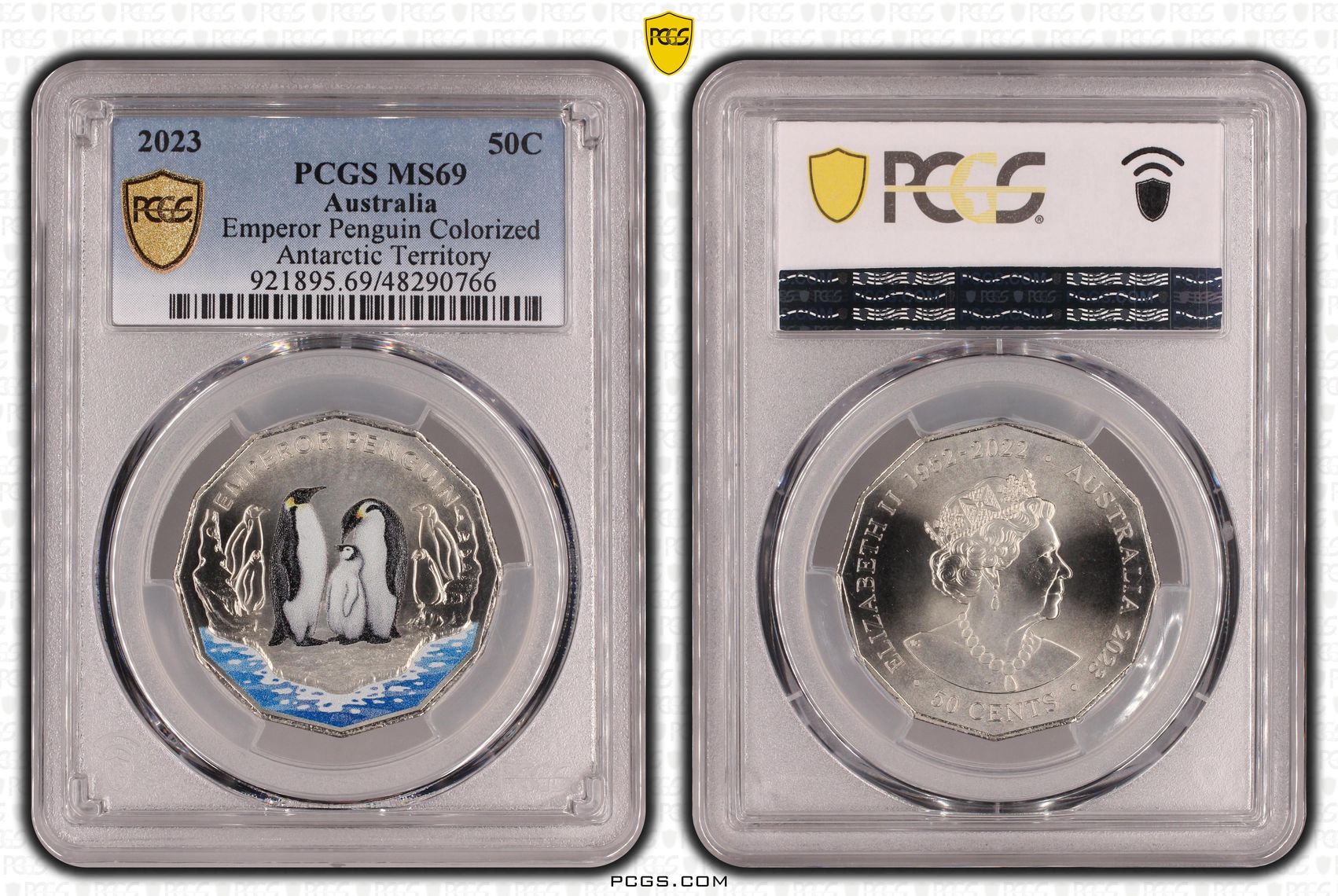 Emperor Penguin Colourised Antarctic Territory, Fifty Cent, 2023, PCGS MS69