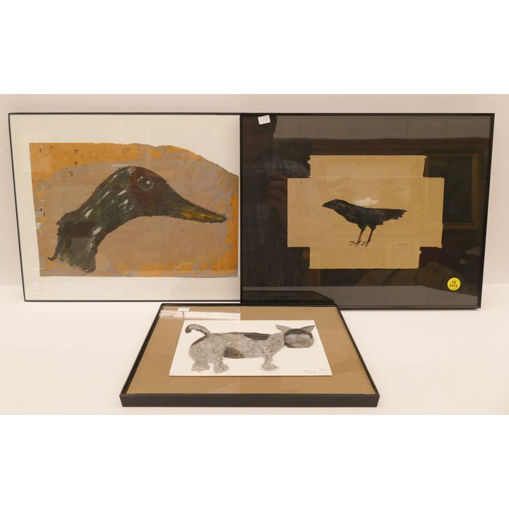 3pc Ree Brown Bird and Cat Paintings Framed- largest 11x14''