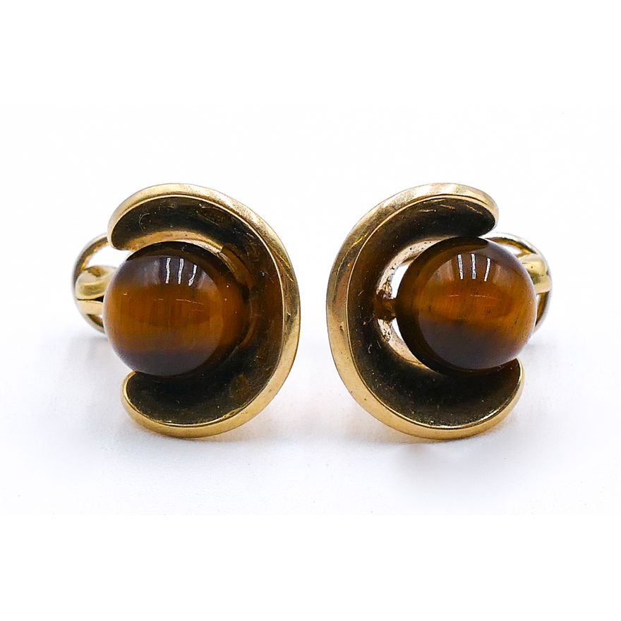 Pair 14k Tiger Eye Bead Clip Earrings 18mm - 13.1 Grams TW