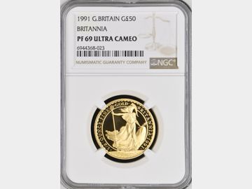 1991 ELIZABETH II BRITANNIA GOLD 1/2oz PROOF 50 POUND COIN PF69 UCAM