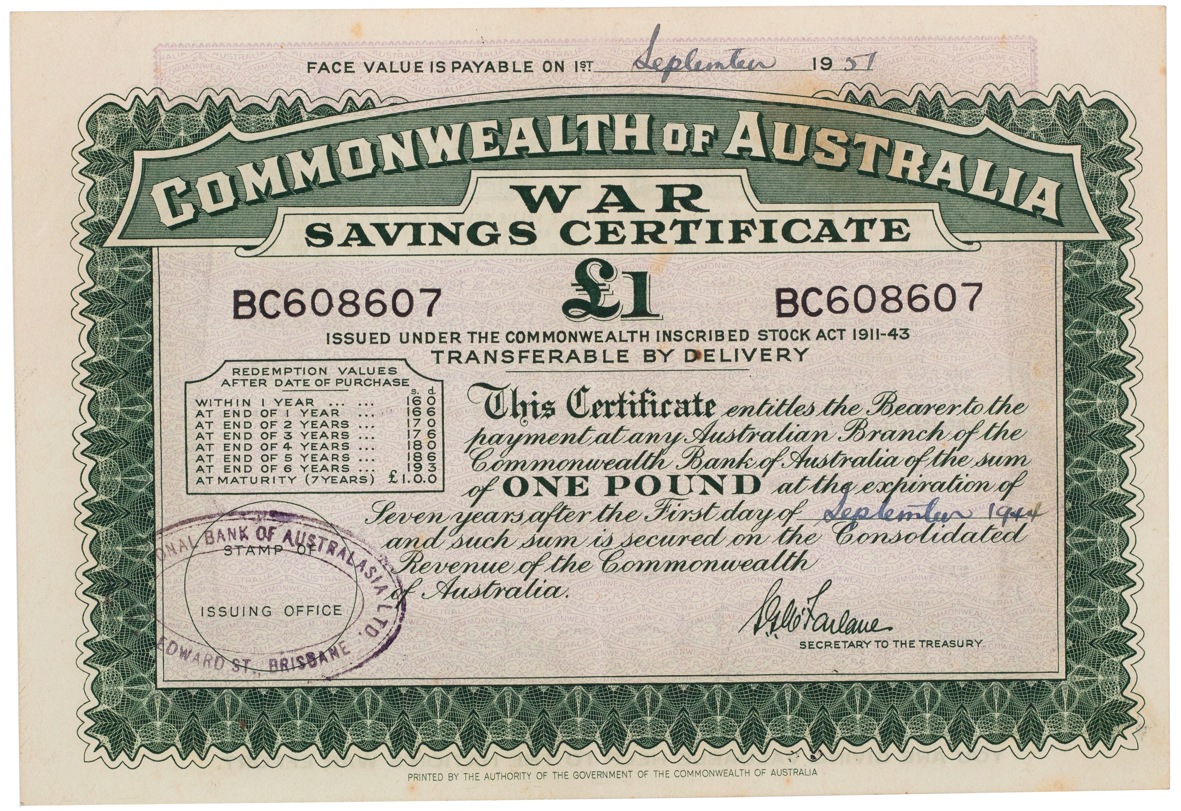 Commonwealth of Australia War Savings Certificates, One Pound, 1944, VF