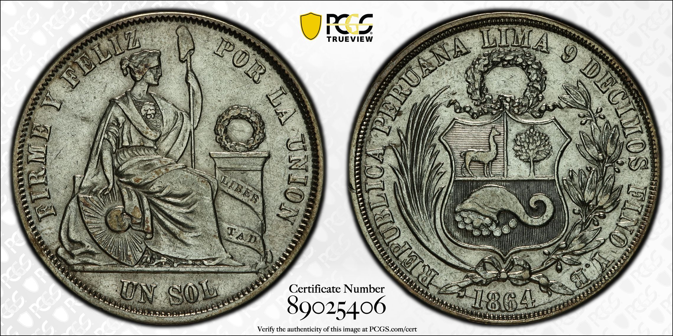 Peru, KM-196.1, Sol, 1864/54-YB, PCGS Genuine - AU Details (92 - Cleaned)