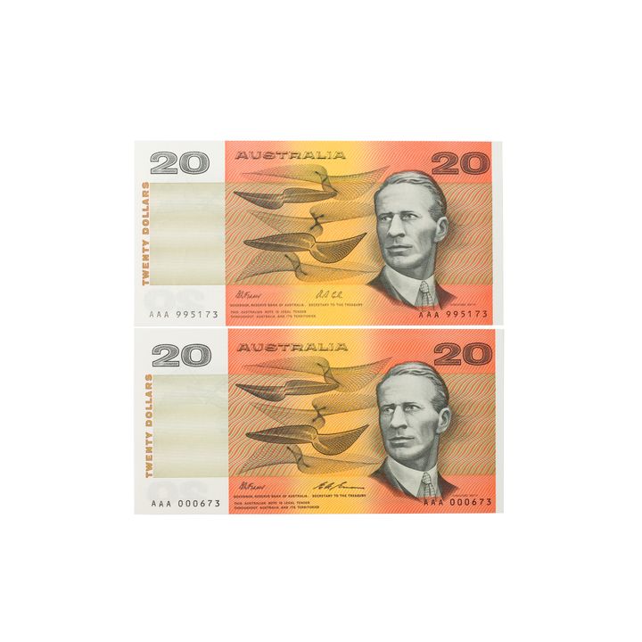 Consecutive Pair, Fraser/Evans, Twenty Dollars, 1993, UNC
